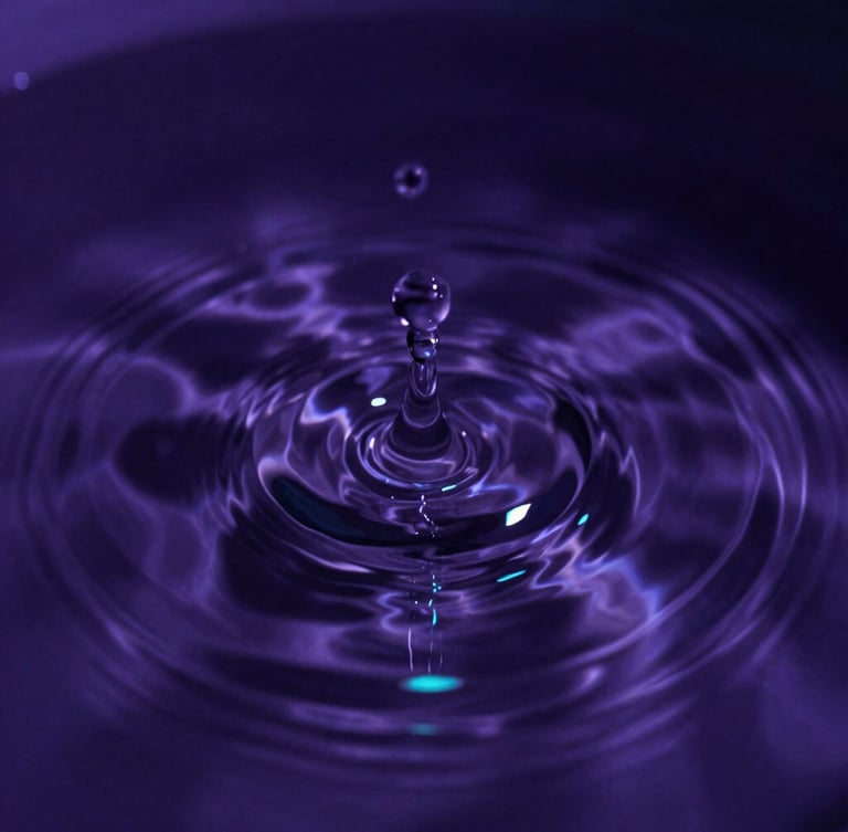 Macro close-up of water ripples spreading from a single point, deep violet water with sharp neon teal light highlights, high-contrast chiaroscuro, 35mm lens