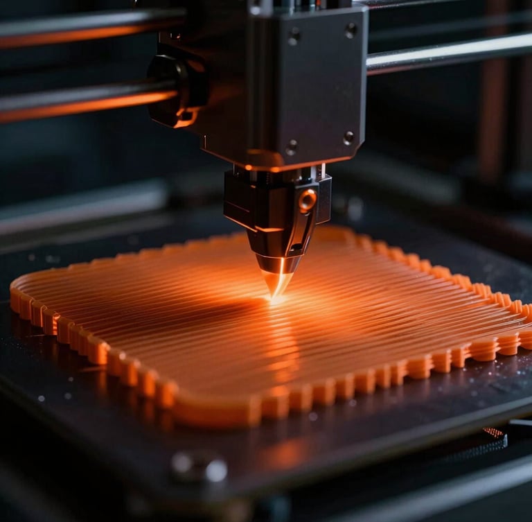 Extreme macro shot of an active 3D printer nozzle depositing molten orange filament onto a build plate, showing perfectly formed layer lines at 0.1mm precision, with dramatic low-key lighting and warm glow.