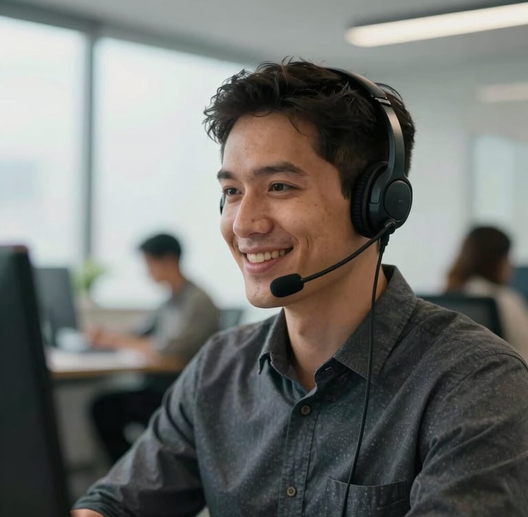 Medium close-up of a professional remote agent with a sleek headset, focused and smiling warmly in a bright, modern Brazilian office space, soft natural daylight.