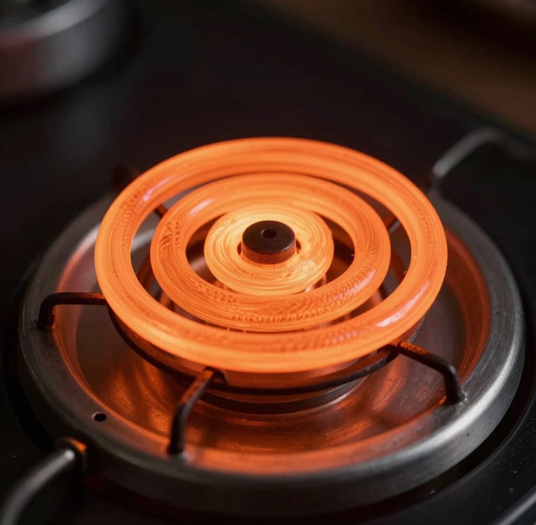 Macro close-up of a glowing electric oven heating element, focusing on the metallic texture and intense orange coil with clean dark surroundings.