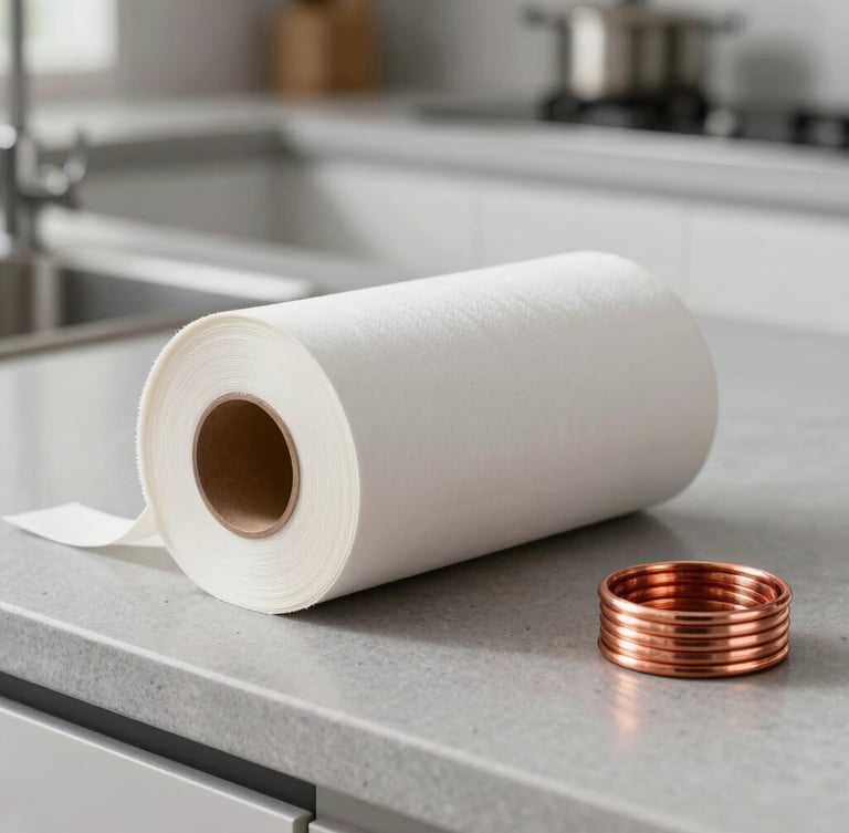 Macro shot of a crisp tool roll and copper coils on a clean modern kitchen counter, sharp daylight.