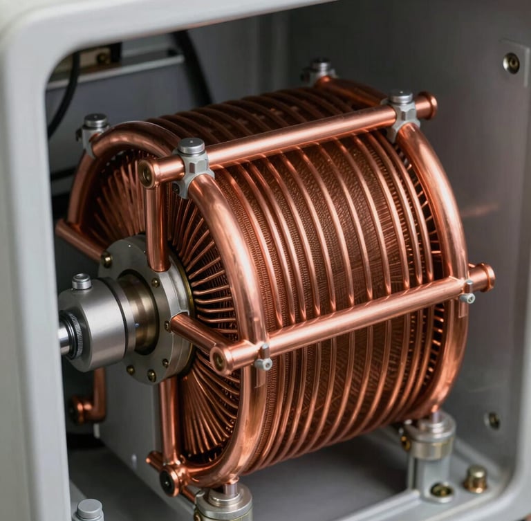 Macro photograph of clean copper cooling coils inside a high-end refrigeration unit, sharp task lighting, technical precision focus.