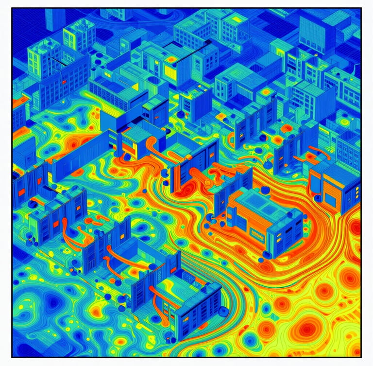 CFD simulation heatmap of a large open-plan office showing airflow velocity vectors, cool blue and orange thermal gradients, high-contrast scientific visualization