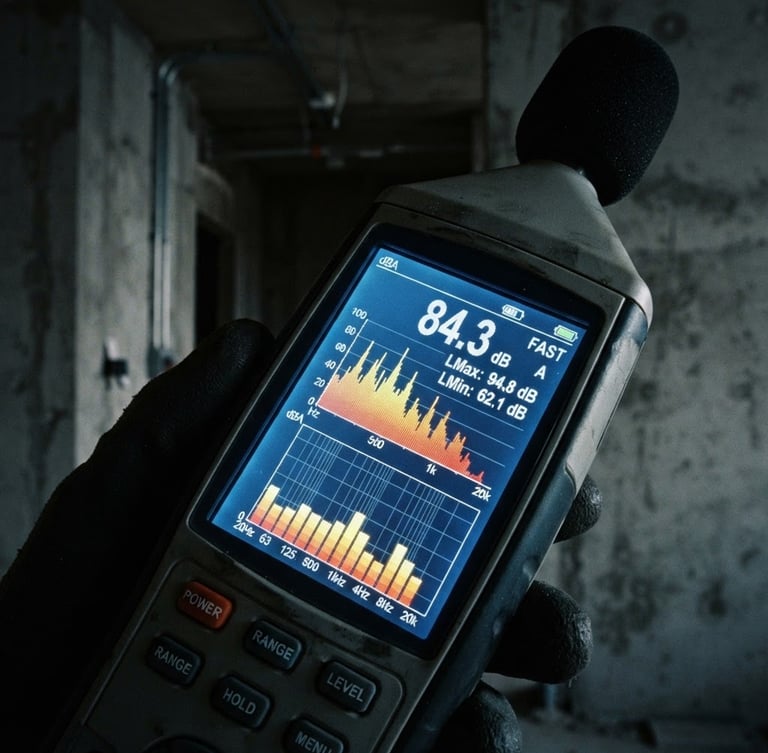 Close-up of a calibrated sound level meter screen displaying real-time decibel frequencies in a raw concrete building interior, cool blue backlighting, crisp technical focus, 35mm
