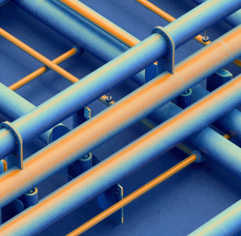 High-contrast technical engineering 3D model showing complex MEP ductwork overlapping with acoustic isolation hangers, highlighted in orange and blue thermal gradients, sharp focus, orthographic view