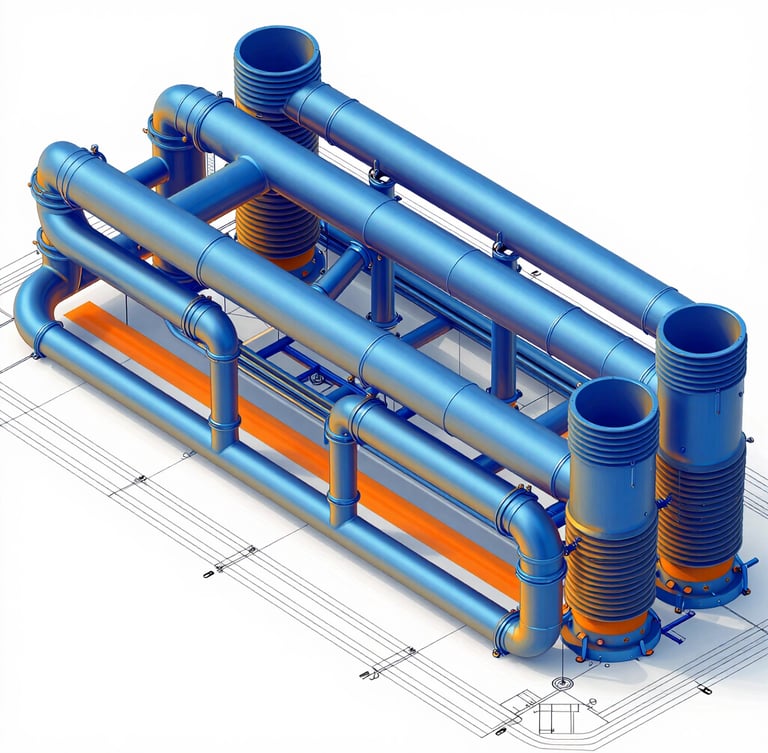 A detailed 3D BIM MEP model showing complex HVAC ductwork and acoustic attenuators, high-contrast cool blue and orange thermal gradient highlights, crisp engineering layout, 35mm