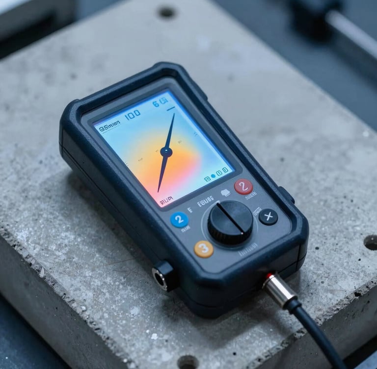 Detailed close-up of a precision sound level meter and tapping machine positioned on a raw concrete slab, high-contrast industrial lighting, cool blue tones, sharp focus.