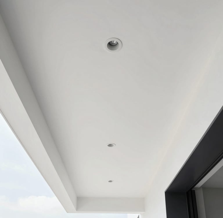 Straight-on architectural shot of a minimalist white ceiling with sharp recessed lighting, bright natural daylight, crisp lines, 35mm lens
