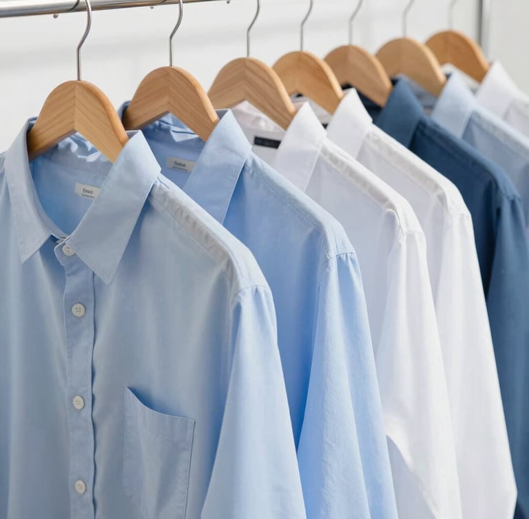 Crisp ironed light blue and white shirts hanging neatly on wooden hangers, bright natural daylight, clean clinical aesthetic