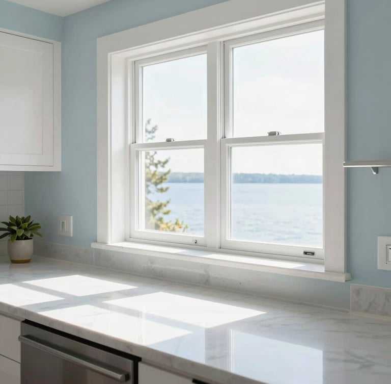 Bright sunlit kitchen with immaculate countertops and sparkling surfaces, soft natural daylight streaming through a window, Lake Simcoe fresh air feel.