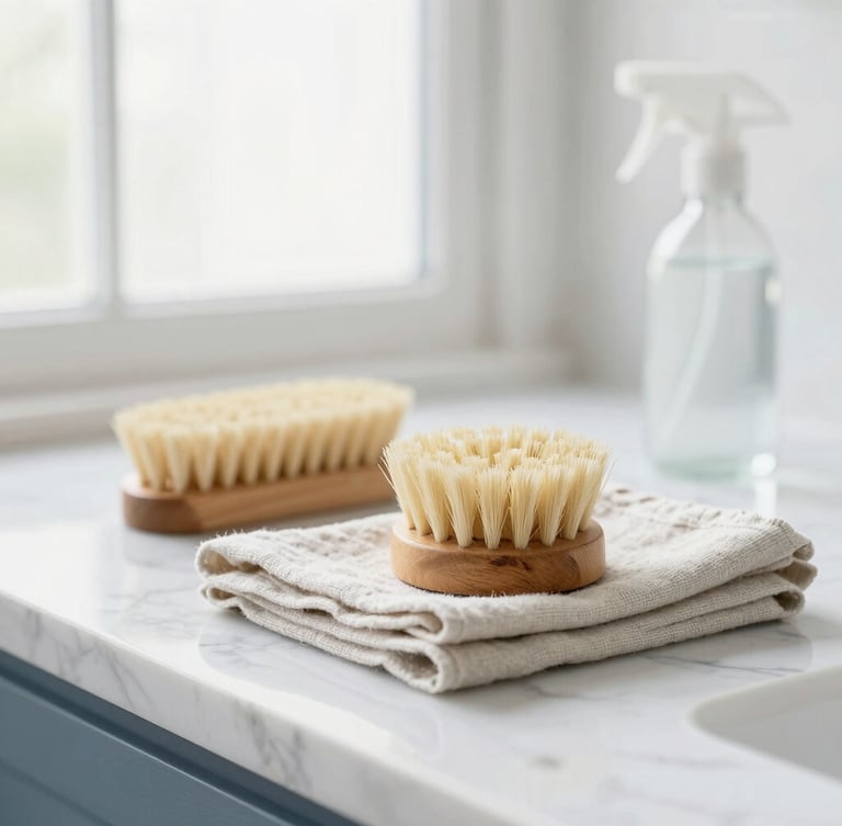 Close-up of natural wooden cleaning brushes, a folded linen cloth, and a glass spray bottle on a bright marble counter, soft window light