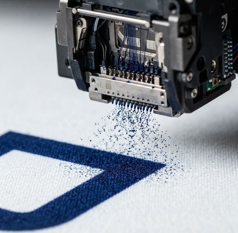 Macro close-up of digital printhead spraying high-precision ink onto white canvas, sharp studio lighting, deep navy highlights, ultra-sharp detail