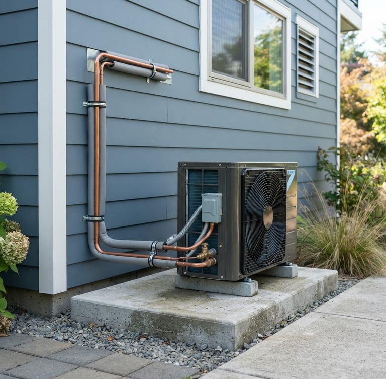 Crisp architectural photography of a modern outdoor condenser unit cleanly mounted on a concrete pad with perfect right-angle copper line sets, bright natural daylight, slate blue tones, 35mm.