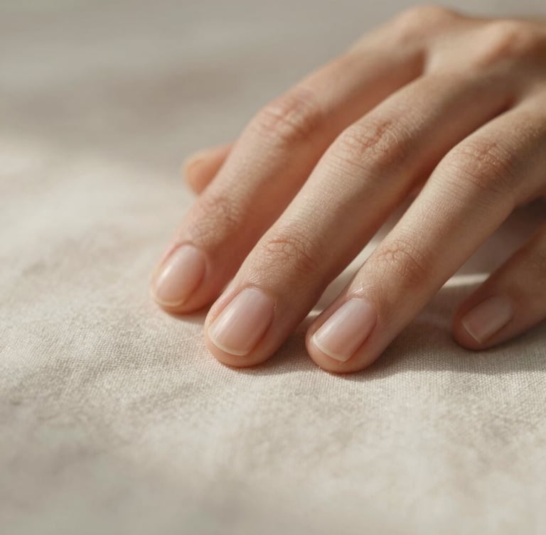 Macro detail of clean, natural nails resting on soft linen under diffused morning daylight, minimalist composition, warm tones