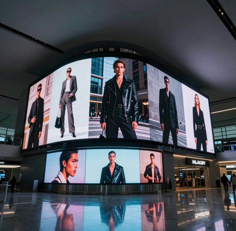 Low-angle heroic shot of a massive curved digital LED screen displaying luxury fashion in a sleek, modern airport terminal, dramatic twilight lighting, reflections on polished floors, cinematic 35mm