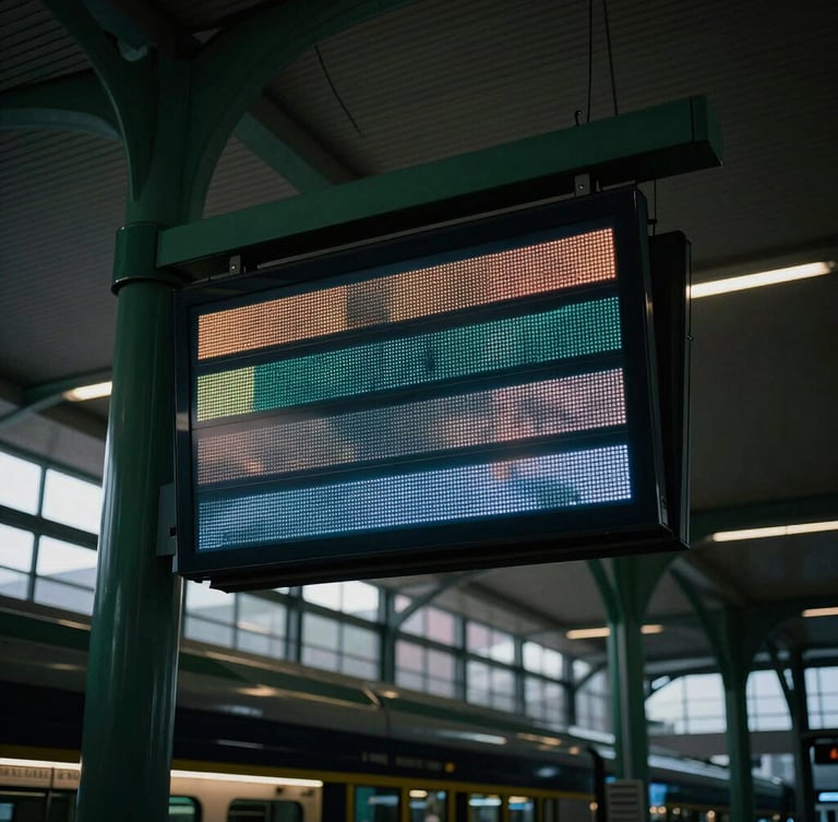 Low-angle heroic shot of a sleek digital display in a modern minimalist train station, soft ambient light, green architectural details, 35mm