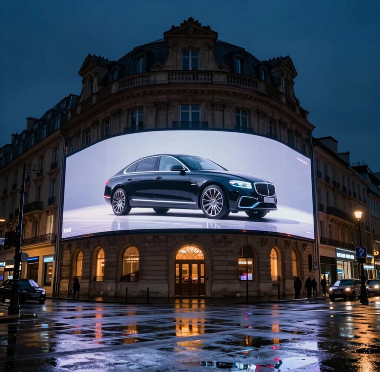 Immersive 3D anamorphic digital screen on a historic Parisian building at night, glowing luxury car graphic popping out of the screen, wet pavement reflections, 35mm