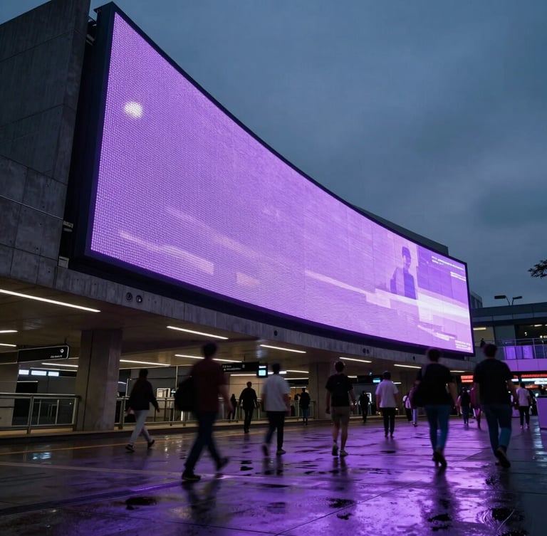 Low-angle heroic shot of a massive curved digital screen glowing at twilight, architectural concrete and wet pavement reflecting violet light, motion-blurred crowd in a futuristic transit hub, 35mm cinematic