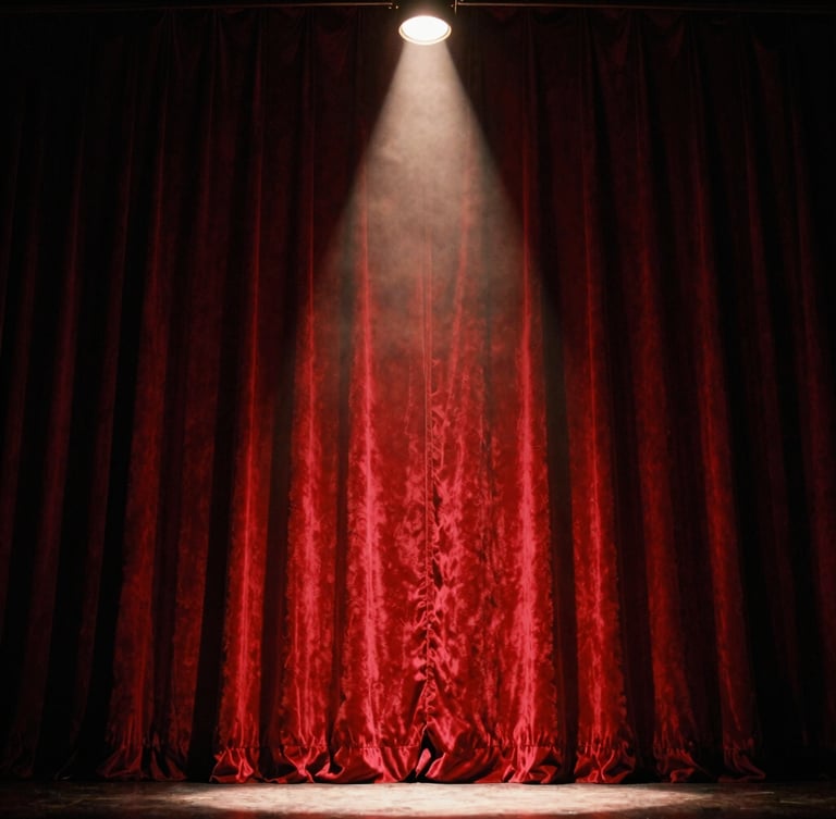 Low-angle shot looking up at a grand empty stage, a single warm incandescent spotlight cutting through the deep shadows onto a heavy crimson velvet curtain, 35mm film grain