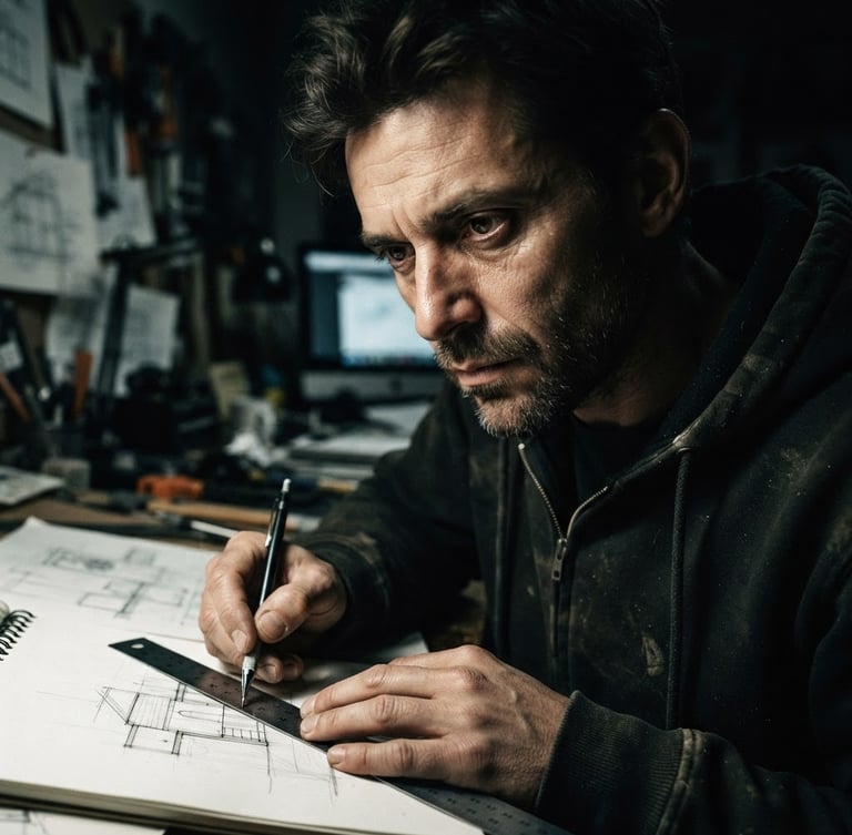 Extreme close-up portrait of a solitary designer in deep focus, illuminated by a harsh single-source key light, deep shadows, desaturated industrial tones, 35mm film grain.