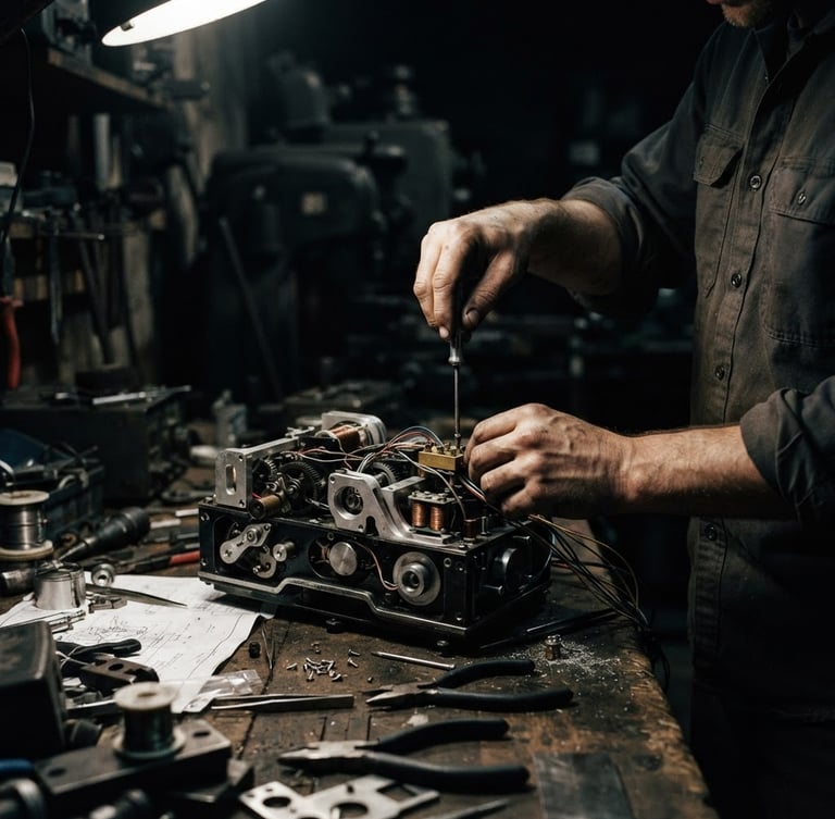 Moody cinematic photography of a solitary builder's hands assembling a raw mechanical prototype under a harsh single-source key light, deep shadows, desaturated industrial tones, 35mm film grain.