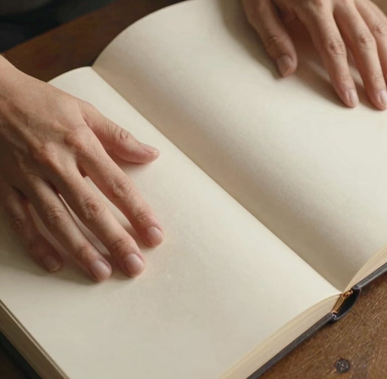 A close-up overhead shot of hands gently touching the thick, textured cream paper of an open linen-bound album, warm side-lighting emphasizing the tactile quality of the materials.