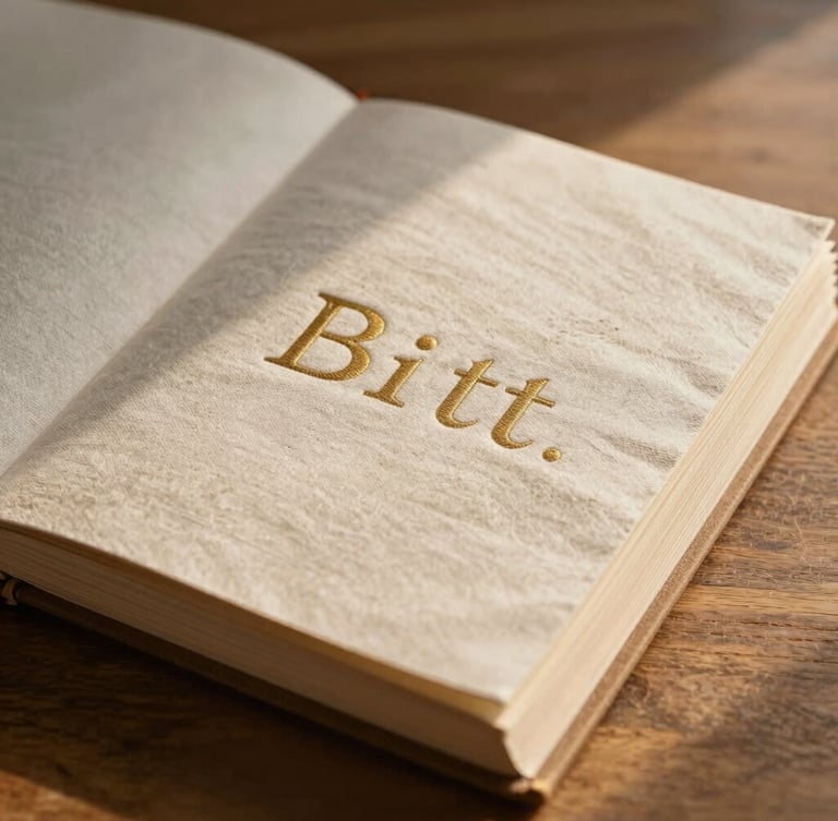 Close-up of a linen-bound memory album lying open on a wooden table, soft morning light illuminating the embossed gold lettering of a child's name, warm sand tones.