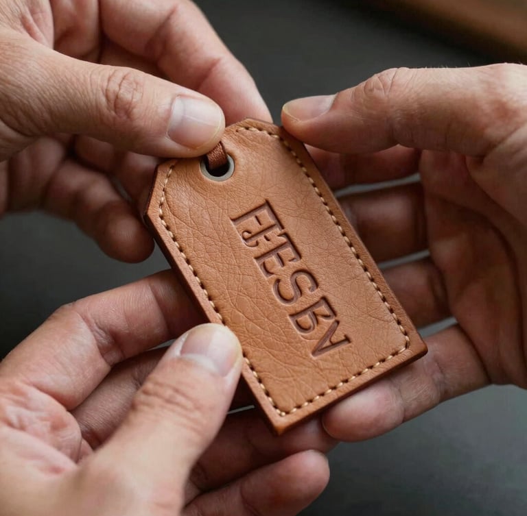 Close-up of hands gently holding a custom embossed leather tag, showing the textured grain and precise typographic alignment.