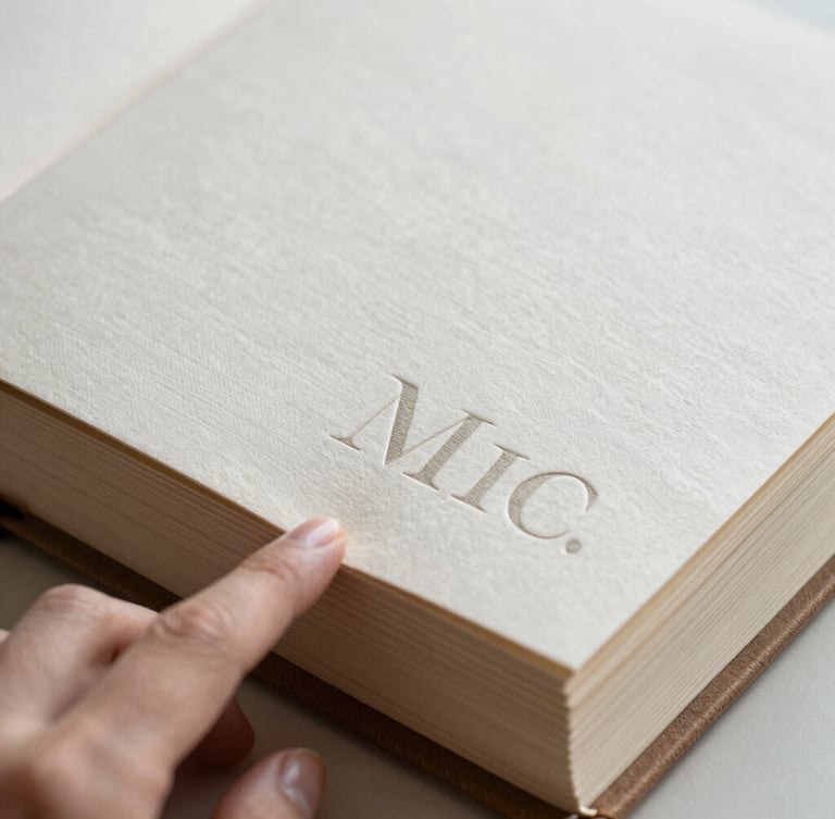 A close-up macro shot in soft, diffused morning light focusing on a hand gently turning the thick, textured paper page of a linen-bound memory album. Elegant, minimalist serif typography is embossed on the cover, showing rich paper grain and clean tactile edges.