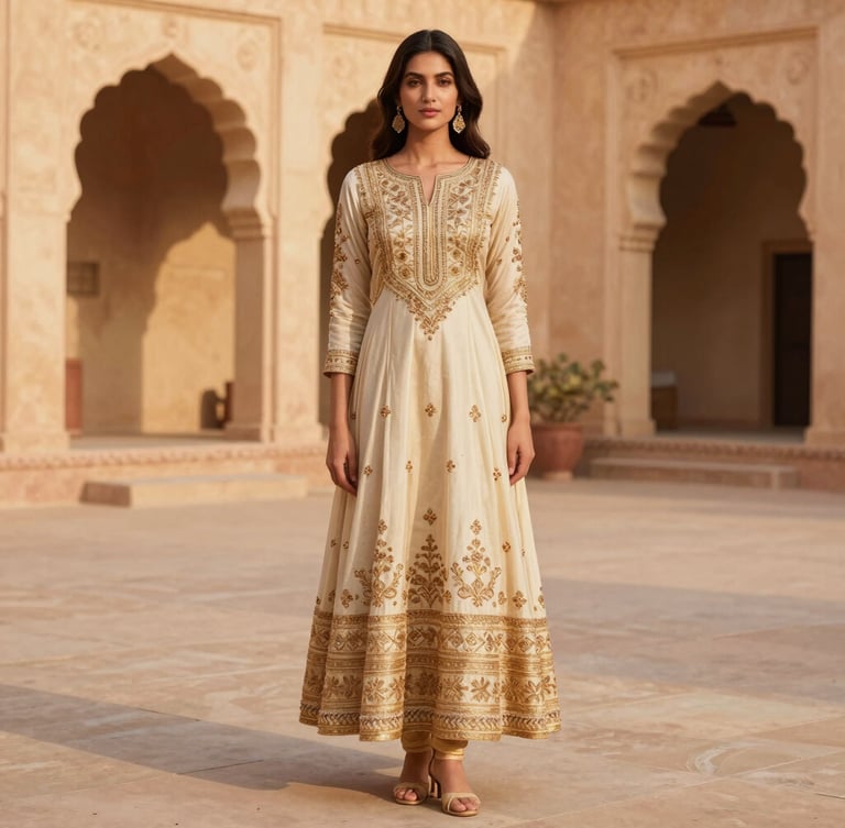 Warm editorial photography of a premium model wearing a rich gold-embroidered ivory Anarkali, standing in a sunlit sandstone courtyard with elegant arched doorways, golden-hour light, 35mm.