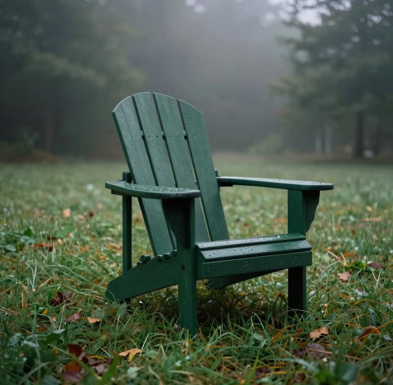 A heavy-gauge dark green Adirondack chair positioned on a damp morning grass lawn, low-angle early morning mist, moody outdoor photography, overcast daylight, 35mm film texture, shallow depth of field.