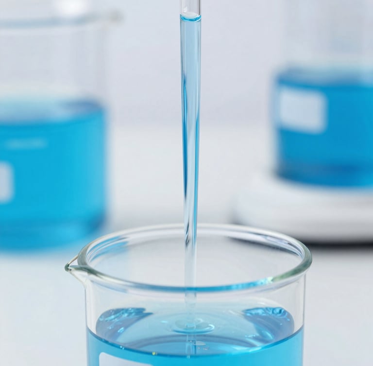 Macro shot of blue detergent liquid viscosity in laboratory glassware, bright clean lighting, cool blue and clinical white tones, sharp focus, 35mm.