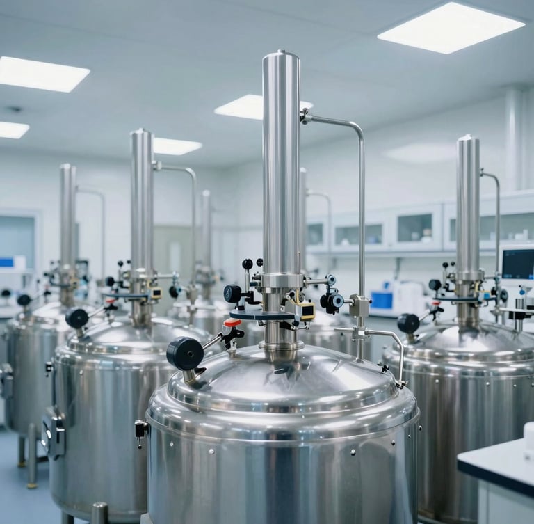 Wide-angle crisp industrial photography of a clean laboratory-grade chemical compounding facility with stainless steel tanks, bright clinical white lighting, 35mm.