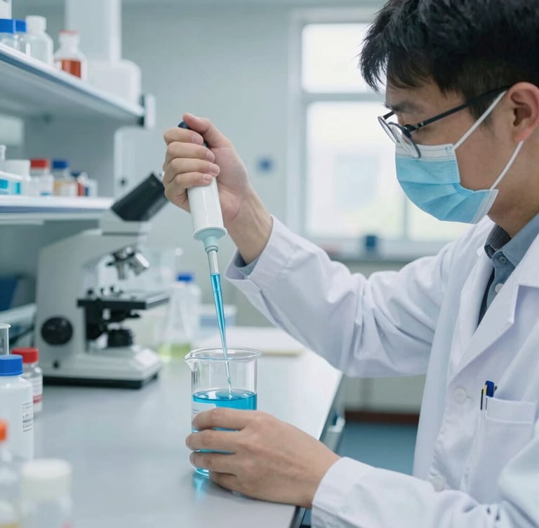 A professional chemist in a white lab coat using a pipette to test a blue liquid sample in a glass beaker, clean sterile laboratory environment, stainless steel equipment in soft focus, bright daylight.