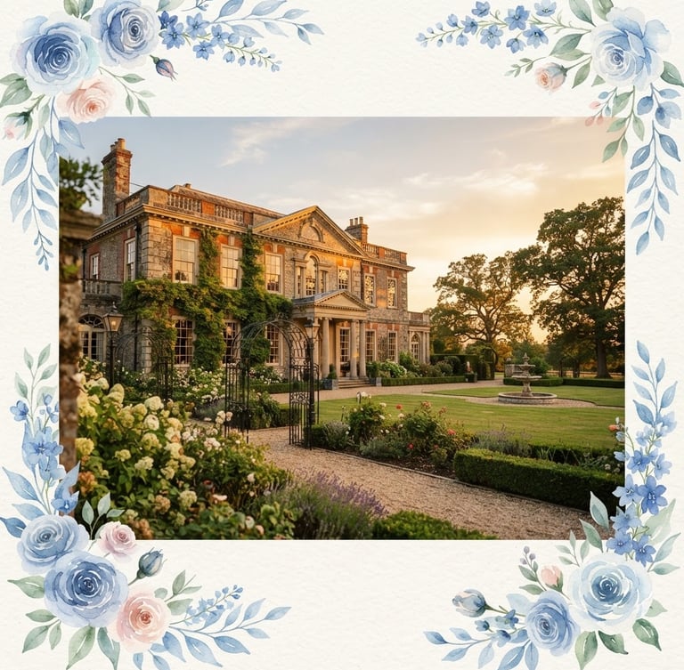Elegant architectural shot of a historic wedding venue at golden hour, soft light, no people, wide angle, delicate hand-painted blue watercolor floral accents framing the scene.
