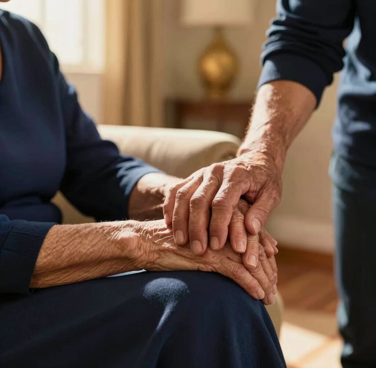 Close-up of a warm caregiver holding an elderly woman's hand in a sunlit Arizona living room, soft golden-hour light, rich navy accents, shallow depth of field
