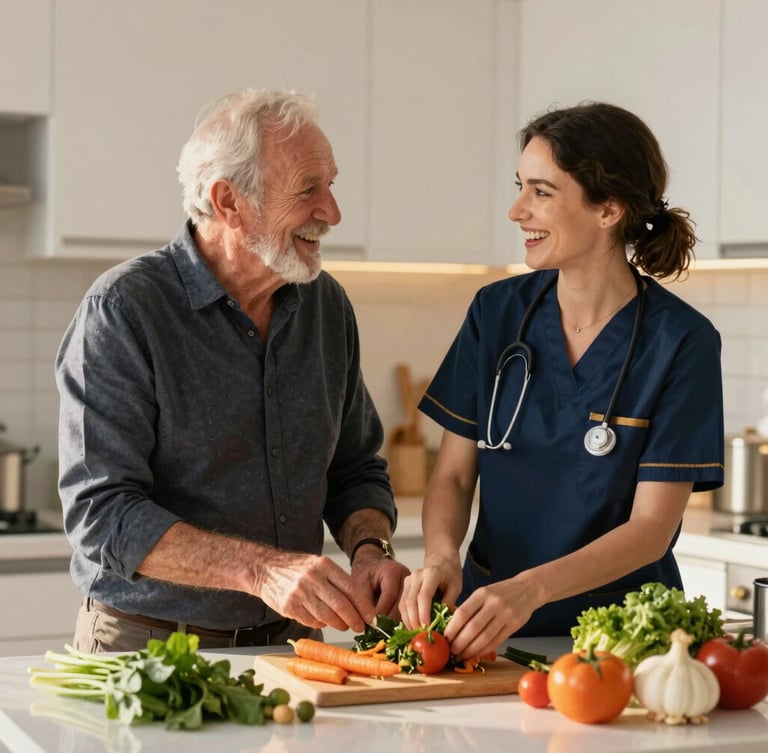 An elderly man and a professional female caregiver laughing together while preparing fresh vegetables in a bright, modern kitchen, warm natural light, medium shot