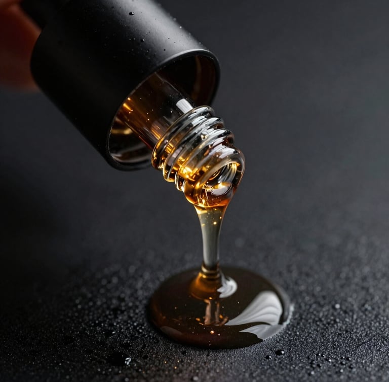 Extreme macro shot of a sleek black glass bottle dripping with thick, glossy plum lip oil, sharp golden spotlight highlighting the wet texture against an obsidian surface.
