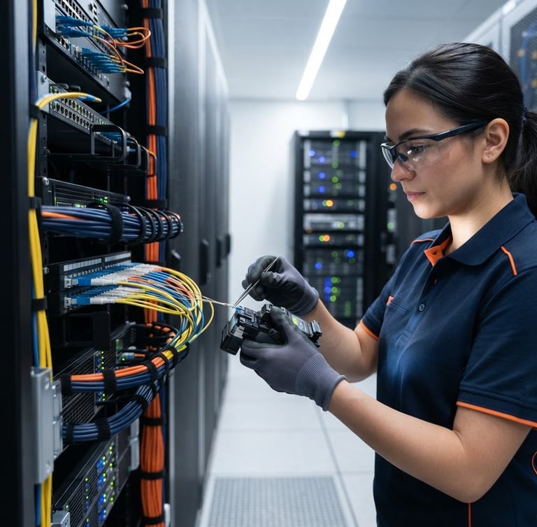 Close-up of a technician in branded uniform terminating fiber optic cables in a clean server rack, bright clean server room lighting, high-contrast navy and orange accents, crisp technical detail, 35mm lens, subject slightly to the right.