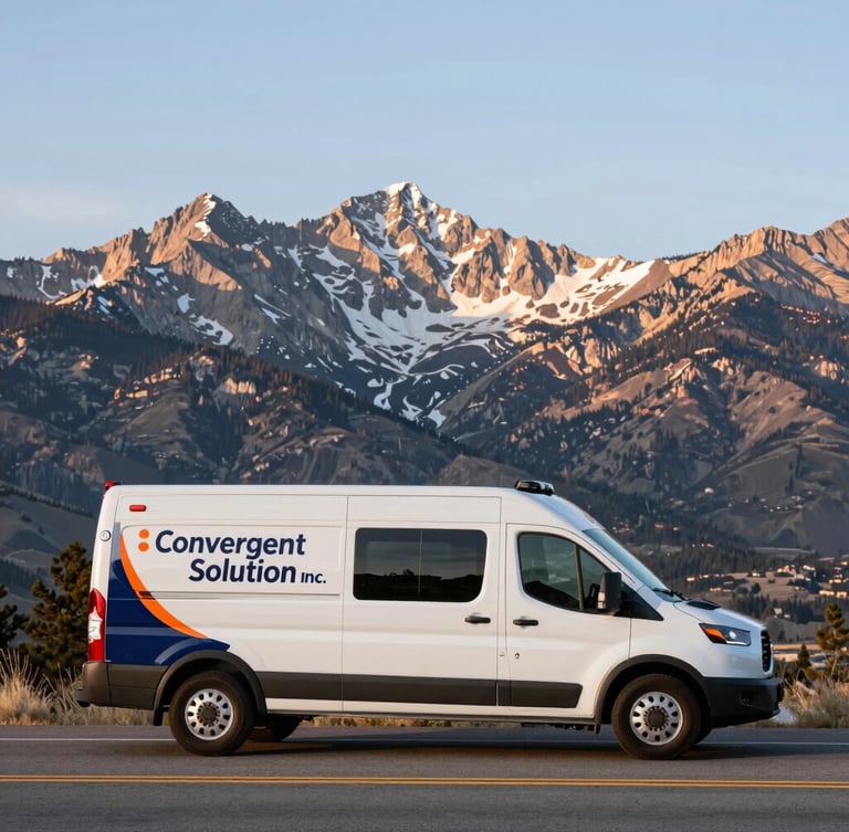 Wide panoramic view of the Colorado Front Range mountains at sunrise, with a branded Convergent Solution Inc. service vehicle parked on a highway shoulder in the foreground, facing right, crisp daylight.