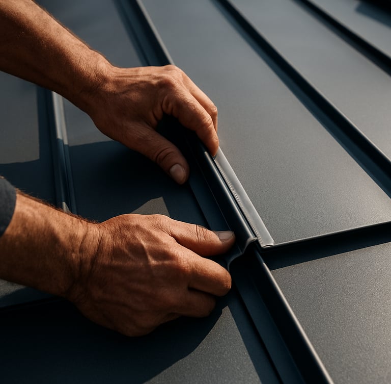 A close-up of a roofer's hands installing clean standing seam metal joints on a roof under bright daylight.
