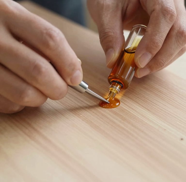 Close-up of craftsman hands applying natural amber-toned oils to raw quarter-sawn elm grain, soft side-lighting emphasizing the texture.