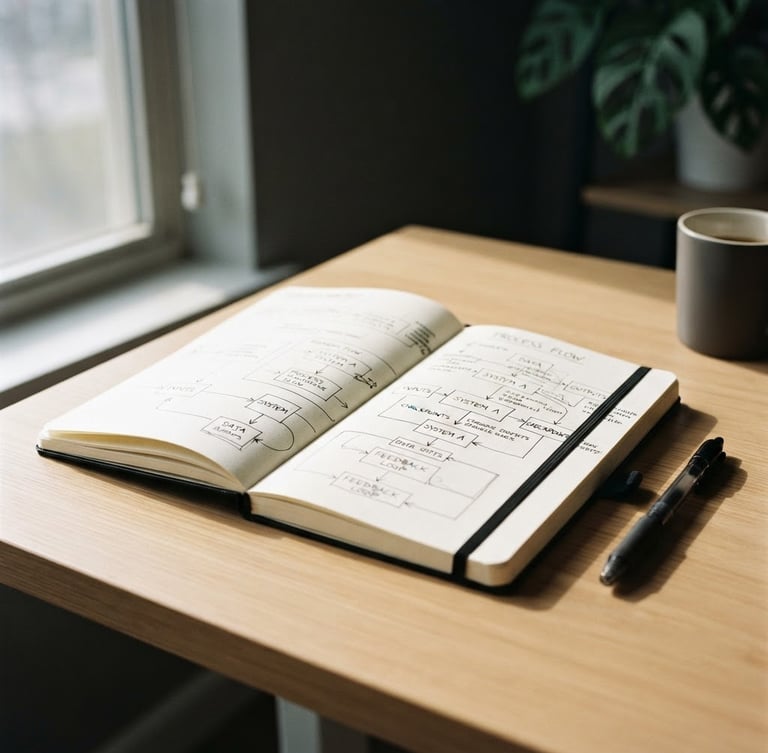Minimalist editorial photography of a clean physical workspace, a black notebook with a handwritten operational diagram on a warm cream desk, sharp side-lit window daylight, high contrast shadows, shallow depth of field, 35mm