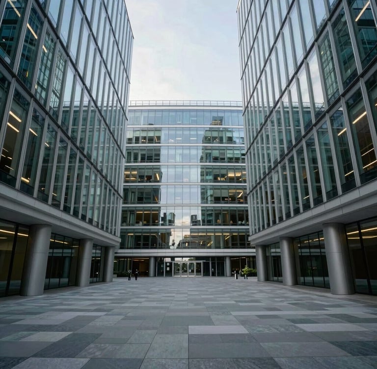 Wide environmental shot of a modern glass-walled corporate office in London, bright cool natural daylight, sharp architectural lines, expansive negative space.