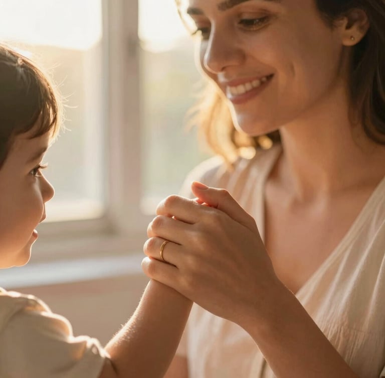Close-up of a Venezuelan mother smiling gently while holding her child's hand, warm golden-hour sunlight coming through a window, soft focus, 35mm editorial style