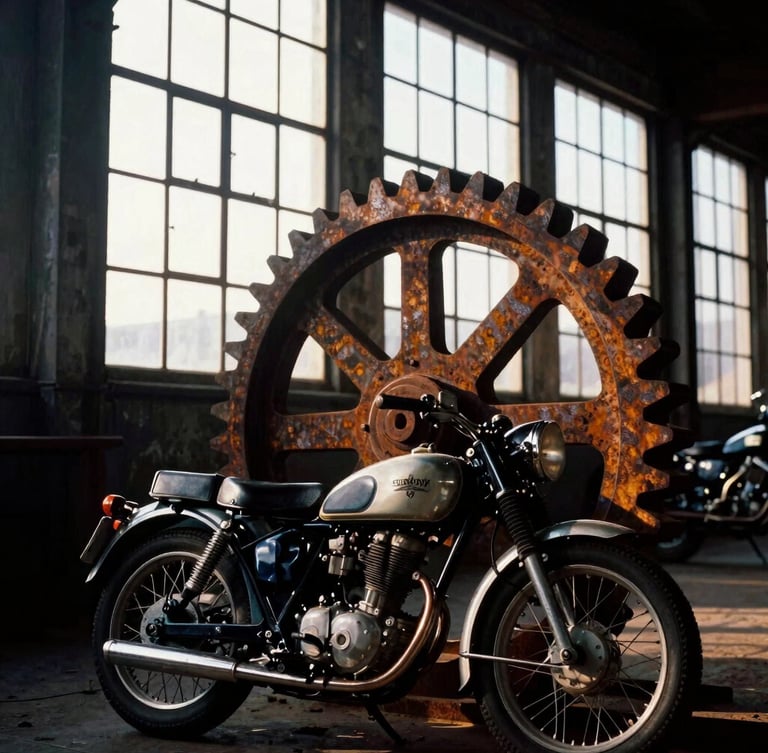 Dramatic close-up of a vintage 1950s motorcycle parked beside a massive rusted iron milling gear, warm morning sun streaming through tall industrial windows, high contrast, 35mm film look.
