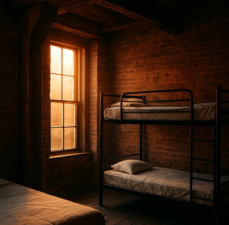 Interior of a rustic hostel room with exposed brick walls, original heavy timber columns, warm golden hour light streaming through a tall window.