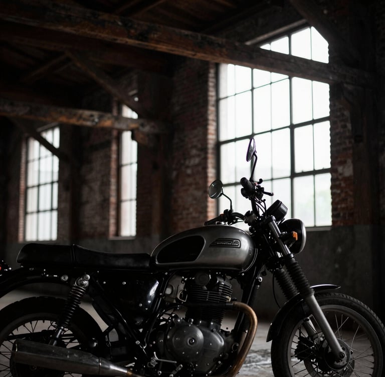 Close-up of a classic motorcycle parked inside a rehabilitated mill with original wooden beams, dramatic low-key window light, high contrast.