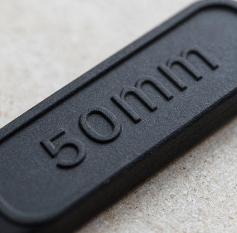 Extreme close-up macro shot of a black embossed rubber wristband on a clean neutral stone surface, sharp details of the raised lettering, soft dramatic side-lighting