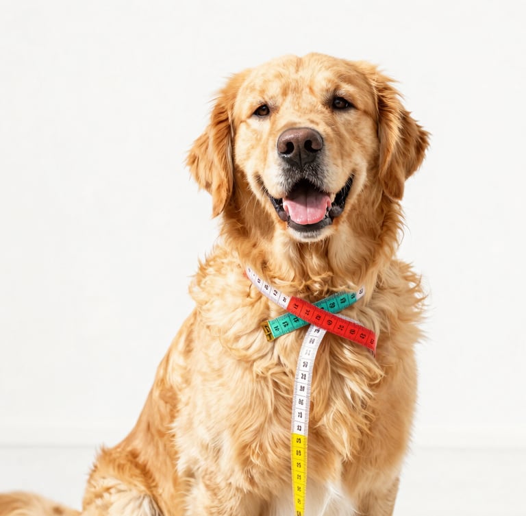 Bright high-key pet photography of a happy Golden Retriever sitting patiently while a colorful soft measuring tape gently wraps around its chest, warm natural daylight, vibrant colors
